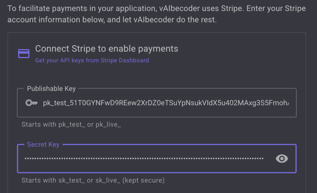 vAIbecoder cloud with Stripe connection