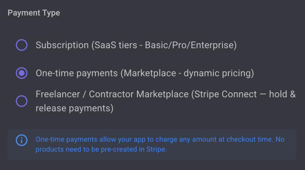 vAIbecoder cloud, Stripe connector setting payment types