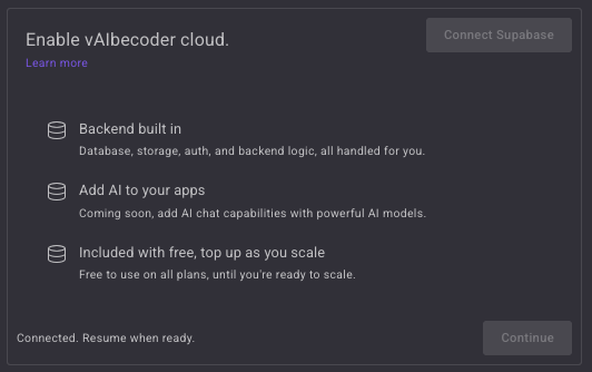 vAIbecoder cloud capability via Supabase connector